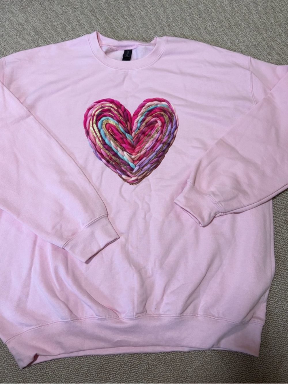 Gildan Pink Crewneck Sweatshirt with Multicolor Braided Heart